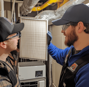 HVAC Technician showing a homeowner how to change the air filters in his furnace.