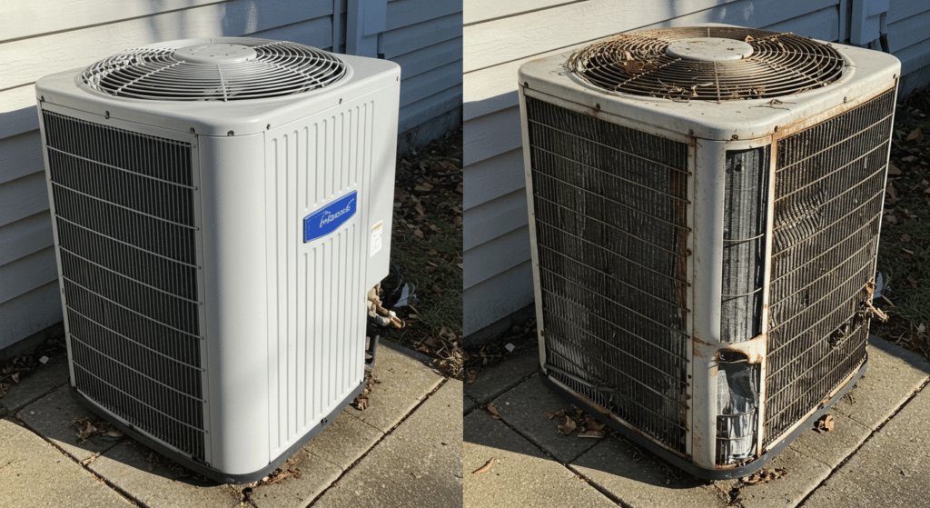 side by side of ac unit after snow and ice