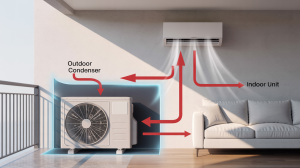Detailed cutaway diagram of a ductless mini-split HVAC system in a Wichita rental property, showing an outdoor condenser unit connected to an indoor wall-mounted air handler delivering targeted room-by-room cooling and heating for Kansas landlords seeking energy-efficient HVAC solutions in 2025.