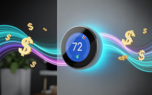 Illustration of a glowing smart thermostat emitting digital energy waves, with dollar signs symbolizing cost savings and energy efficiency from using smart home technology.
