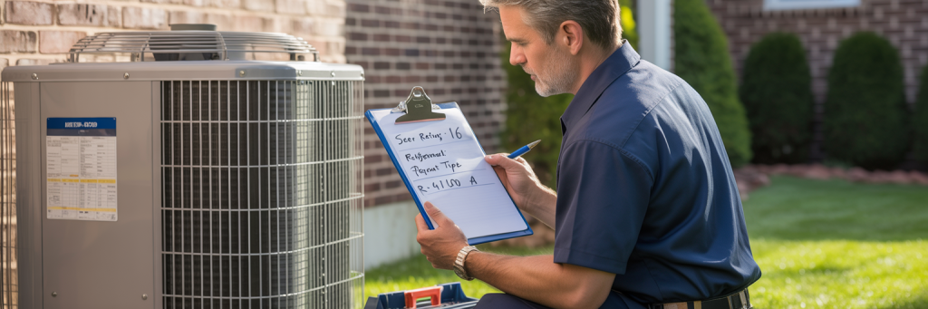 Wichita HVAC technician examining an outdoor unit with a clipboard, evaluating SEER efficiency rating, refrigerant type, system age, and repair history before recommending replacement.