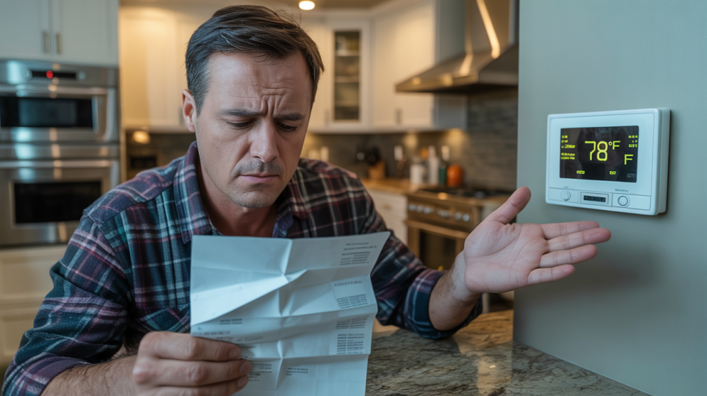 Homeowner in Wichita reviewing a sudden spike in energy bills while the thermostat shows inconsistent readings, symbolizing the hidden warning signs of a failing HVAC system such as uneven cooling, noisy operation, and frequent repairs.