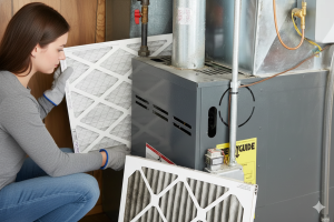 Person sliding new furnace air filter into slot, white pleated filter with directional arrow visible. Fall HVAC Maintenance Checklist