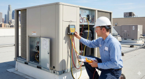 Professional HVAC service technician performing initial assessment on a commercial rooftop packaged unit, taking preliminary temperature and static pressure readings during the arrival phase of a commercial HVAC service call to identify cooling or heating issues.